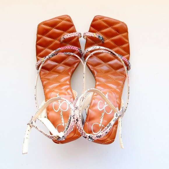 Jessica Simpson Snakeskin Toe Loop Square Toe Ankle Strap Block Heel Sandals - Picture 5 of 16